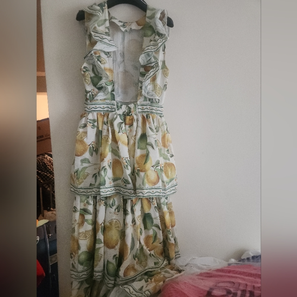 H&M Ruffle-trimmed Maxi Dress Floral White/lemons Sz S Nwt - Picture 11 of 15